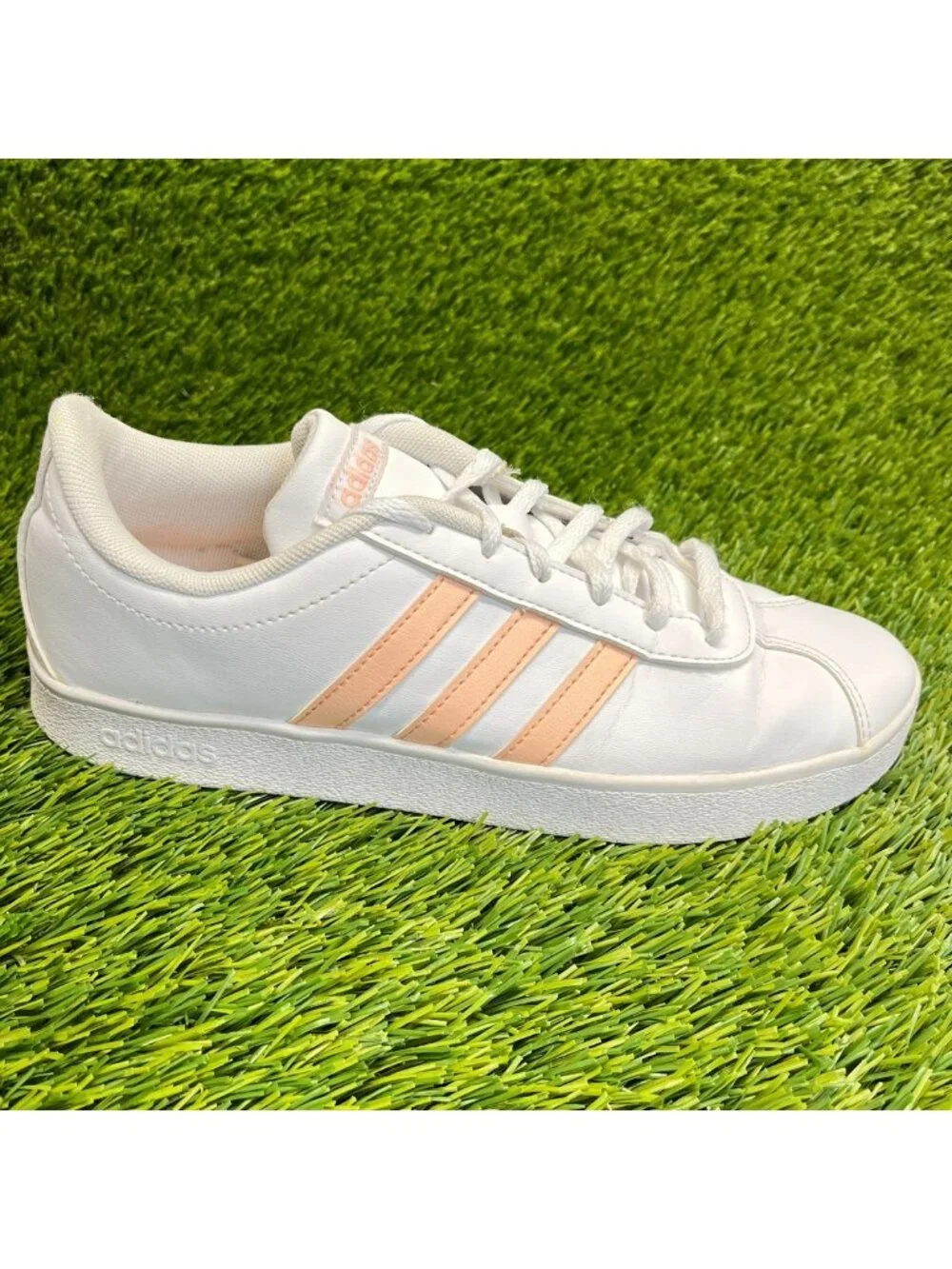 Adidas Vl Court 2.0 Girls Size 6Y White Athletic Leather Tennis Shoes Sneakers